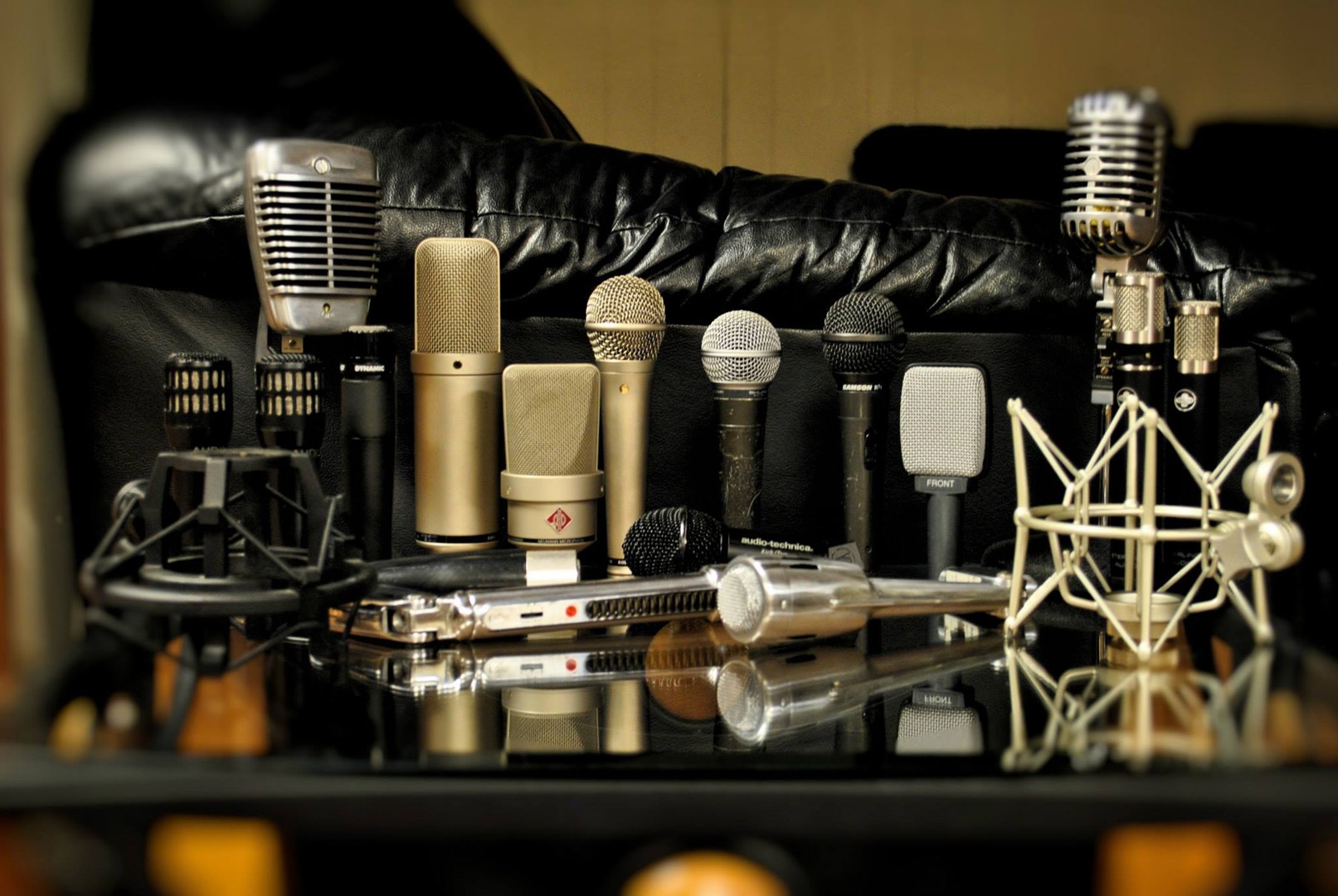 Studio microphone collection on stands